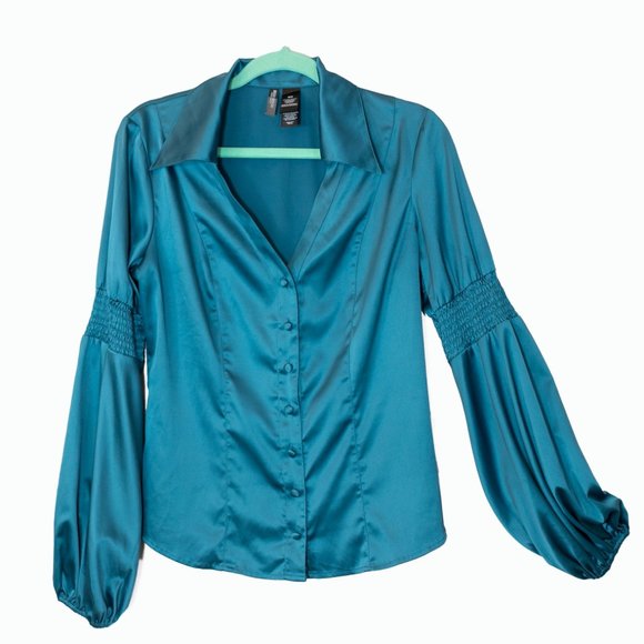 Bisou Bisou Women's Satin Balloon Long Sleeve Blouse Turquoise Size M - Picture 1 of 12